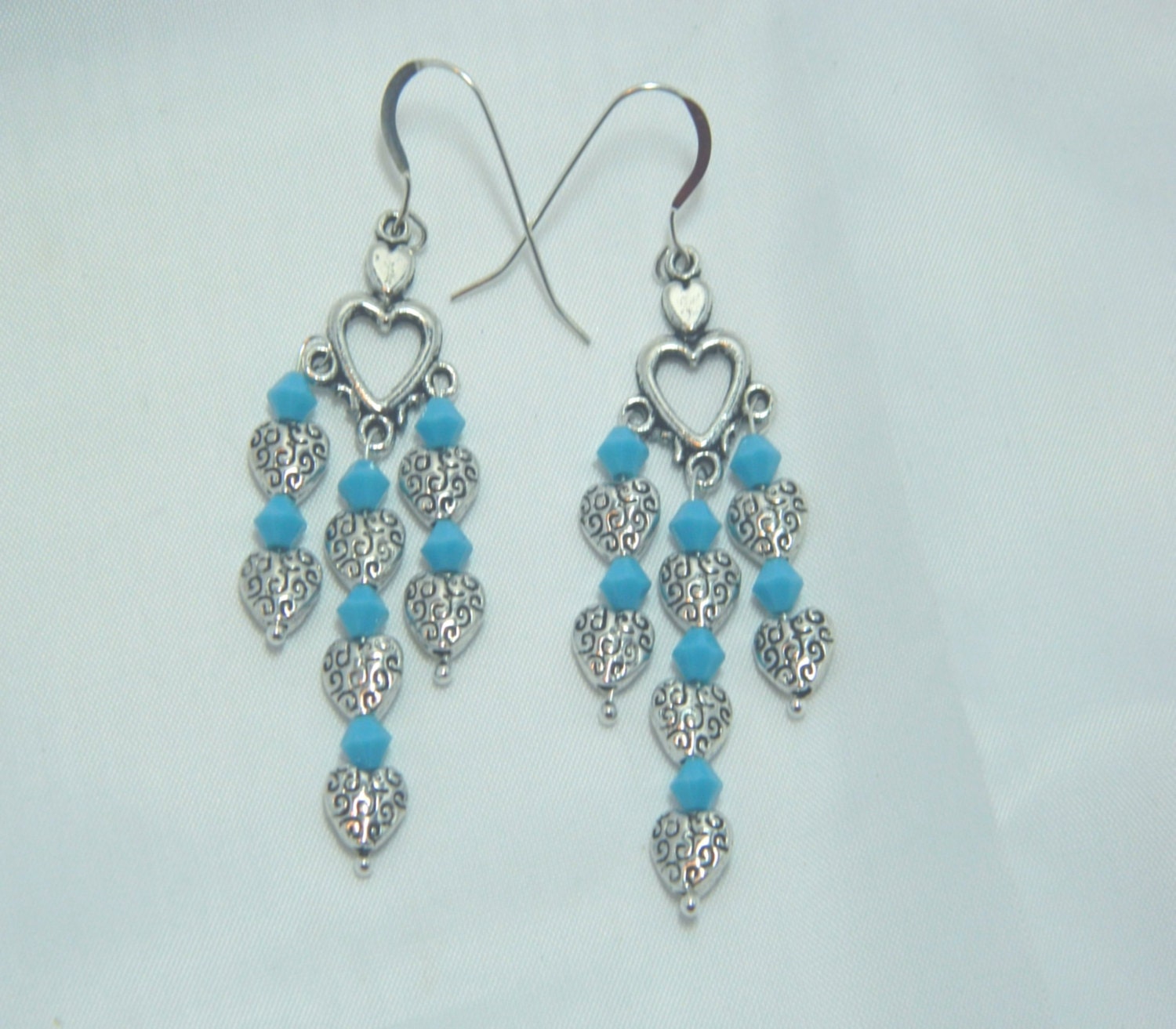 Heart shaped Tibetan silver and Swarovski crystal chandelier earrimgs