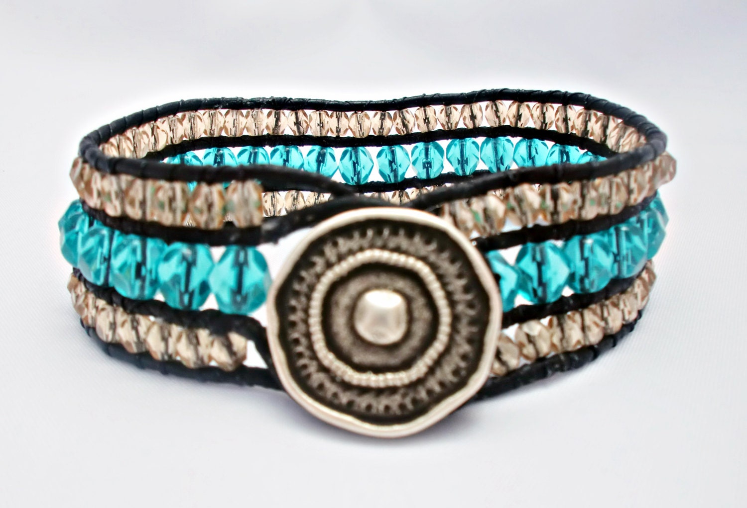 Topaz & Teal Leather Beaded Cuff Bracelet