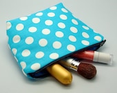 White polka dots on sky blue - LARGE flat bottom zipper pouch / coin purse (padded)