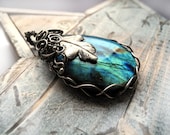 Labradorite Silver Necklace - Pagan Silver Oak Leaf - Jade Blue Labradorite - Woodland Pagan Fantasy - Unique Statement  Jewelry - Luxury