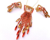 Vintage Art Deco Rhinestone Fringe Necklace Earrings Set Red Orange Givre Glass Retro Mad Men Party Jewelry