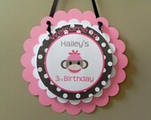 Door Sign: Pink & Brown Sock Monkey - Girl Birthday Party Baby Shower Party Decoration welcome sign
