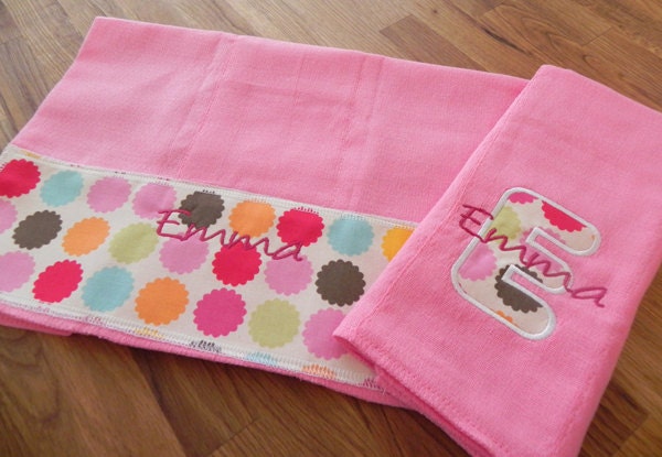 Pink Mod Dot Burp Cloth Set - pink dot circle girl cloth diaper embroidered applique girl baby gift custom boutique