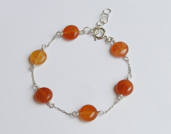 Carnelian Bracelet - Sterling Silver Chain Bracelet with Shades of Orange - Tangerine