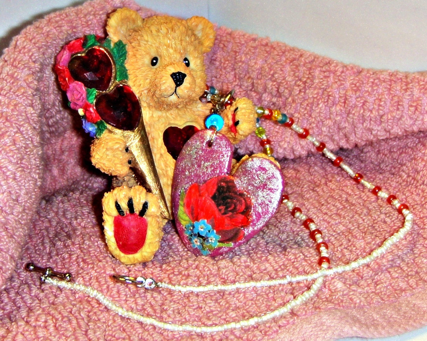 VALENTINES DAY Heart Necklace - red with rose on a heart - beaded necklace handmade romance