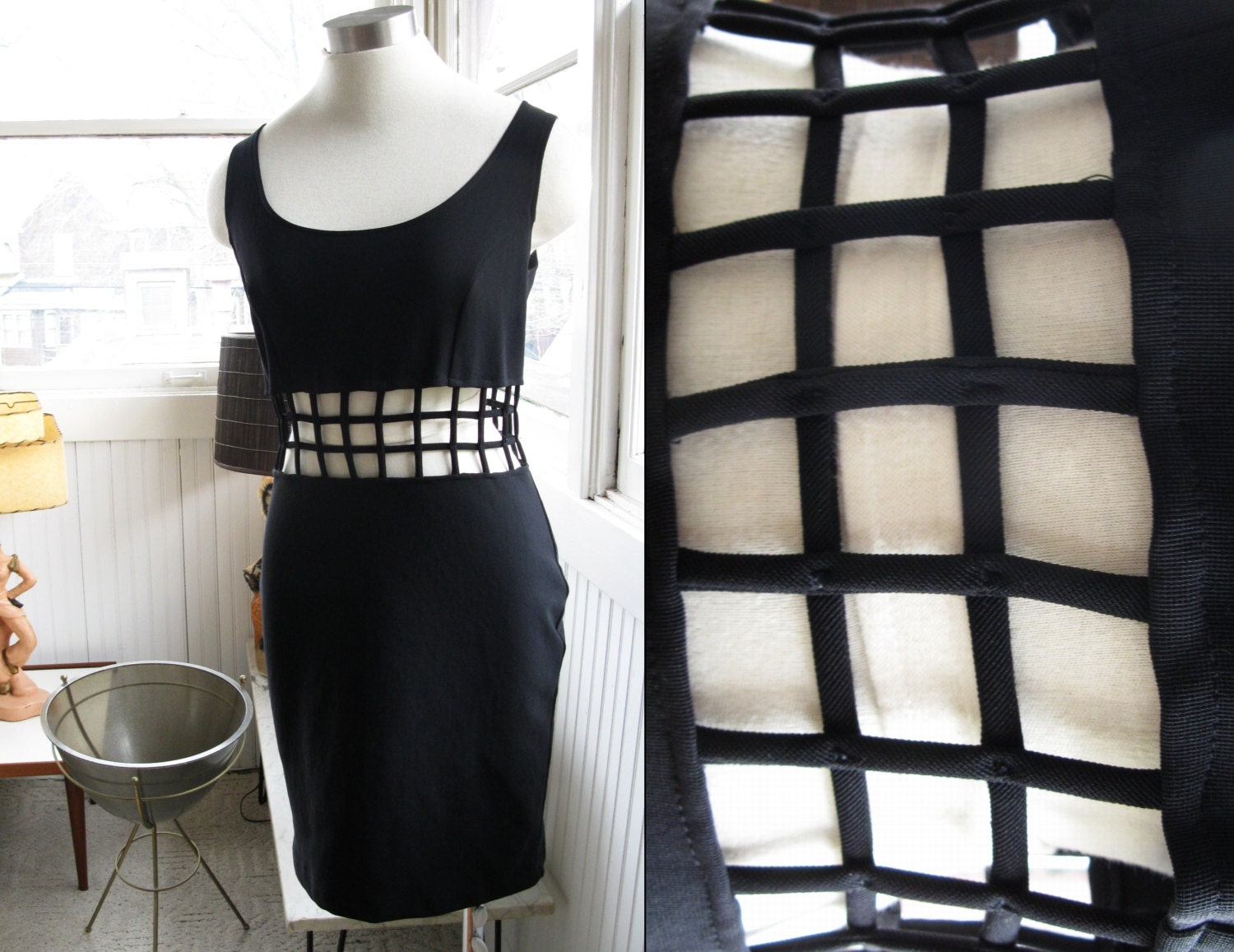 90s Sexy Mod Syle Black Cut Out Cage Waist Body Con Dress Small Medium