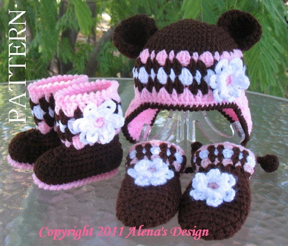 PDF Instant Download - Crochet PATTERN Set - Bear Hat , Baby Booties, and Baby Mittens.