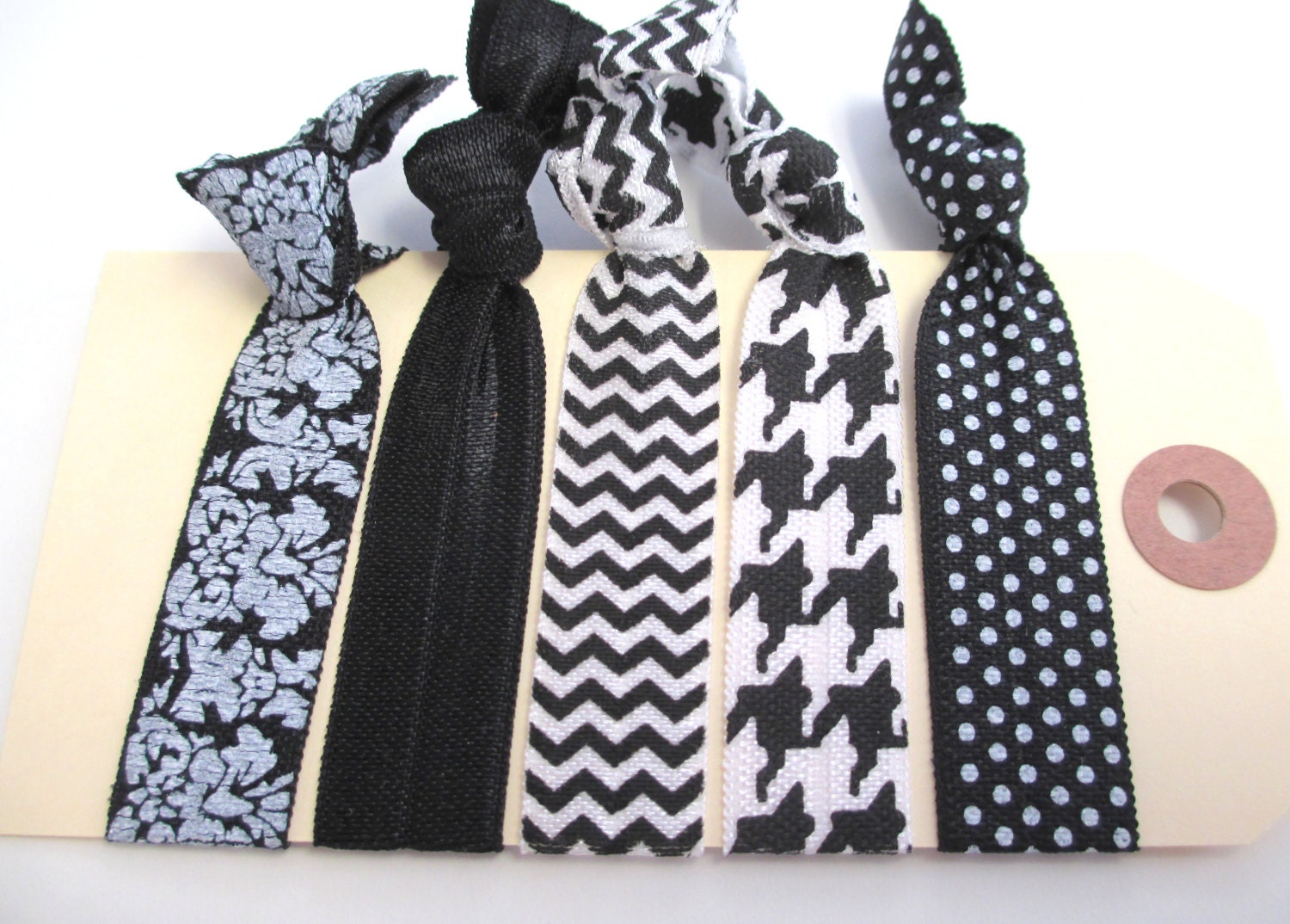 hair ties black and white printed dot, houndstooth, chevron, damask and plain accessories set of 5