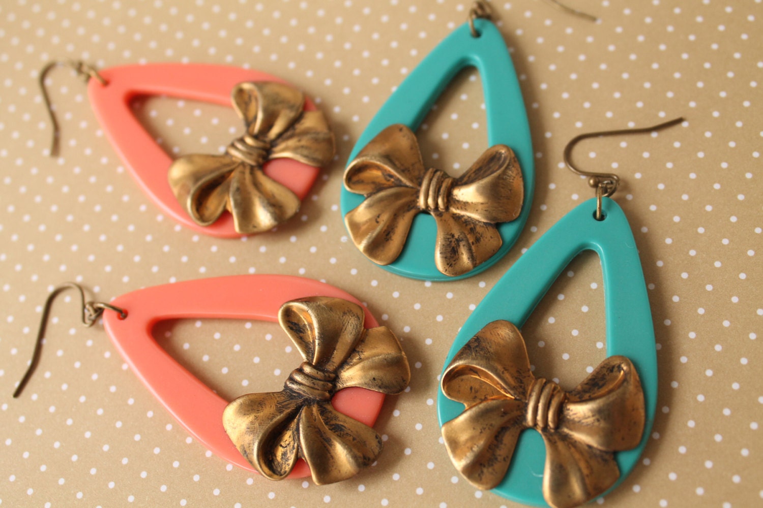 Teardrop bow earrings in teal or coral