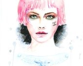 Watercolor painting -  Chanel girl with pink hair