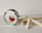 Photo Mirror Compact- "Orchid 2", Pink and White Orchid Flower Photograph, 3" Double Sided Mirror- Silver Plated Engravable Gift Item