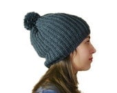 Pom Pom Slouchy Knit Hat in Charcoal Grey - Slouch Beanie -  Chunky Beret - Women Teens Accessories - Fall Winter Fashion