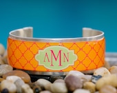 Rustic Cuff Monogram Cuff Bracelet - orange and pink with green plate with modern style monogram - M1-12
