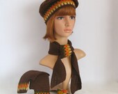 Women, Hat, Scarf, Gloves, Brooch, Woman Crochet Accessories Brown Knitted Set: Beret, Scarf, Fingerless gloves and Brooch