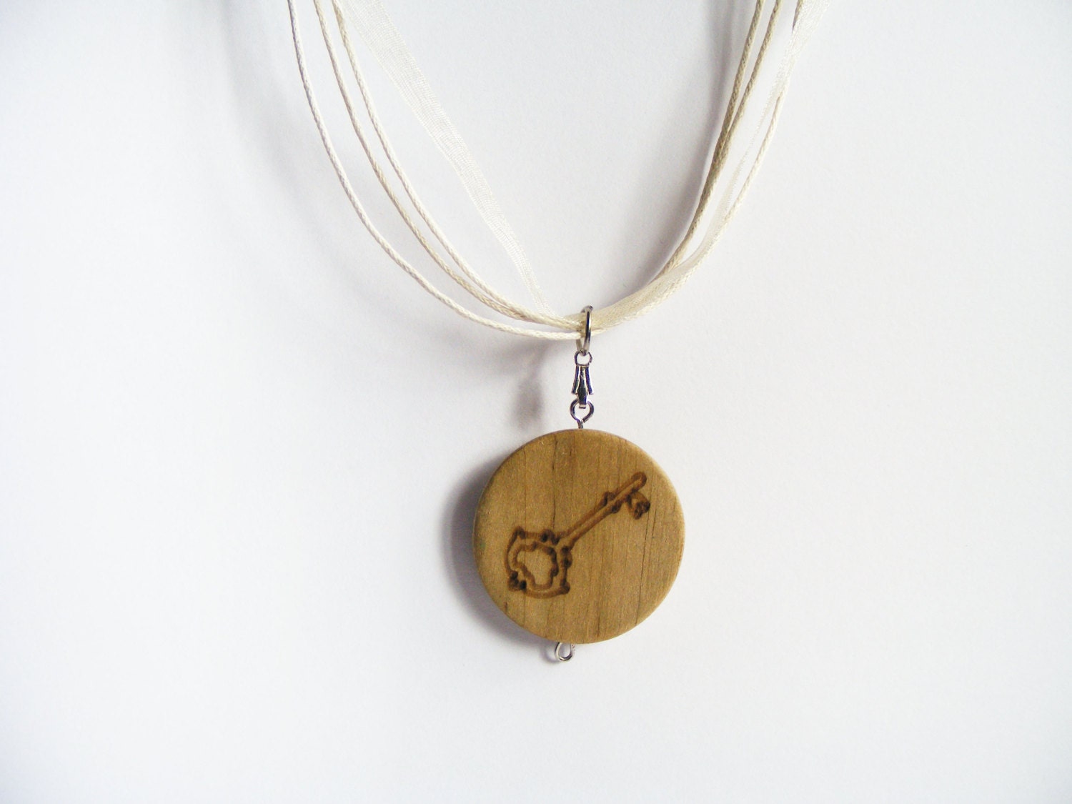 Key Engraved Necklace - Wooden Charm Jewelry - Organza, Cotton Strength - Shabby Chic, Romantic Necklace - Engraved Key on Wood