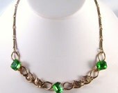 Vintage Rhinestone Necklace Kelly Green Emerald Cut Stones Gold Tone