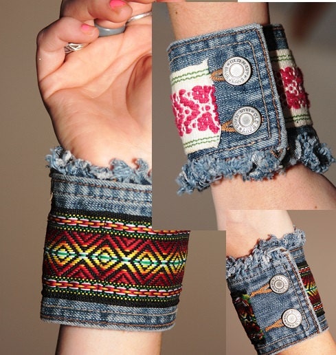 Embroidered Denim Hippie Upcycled Cuff Secret Hiding Pocket Inside