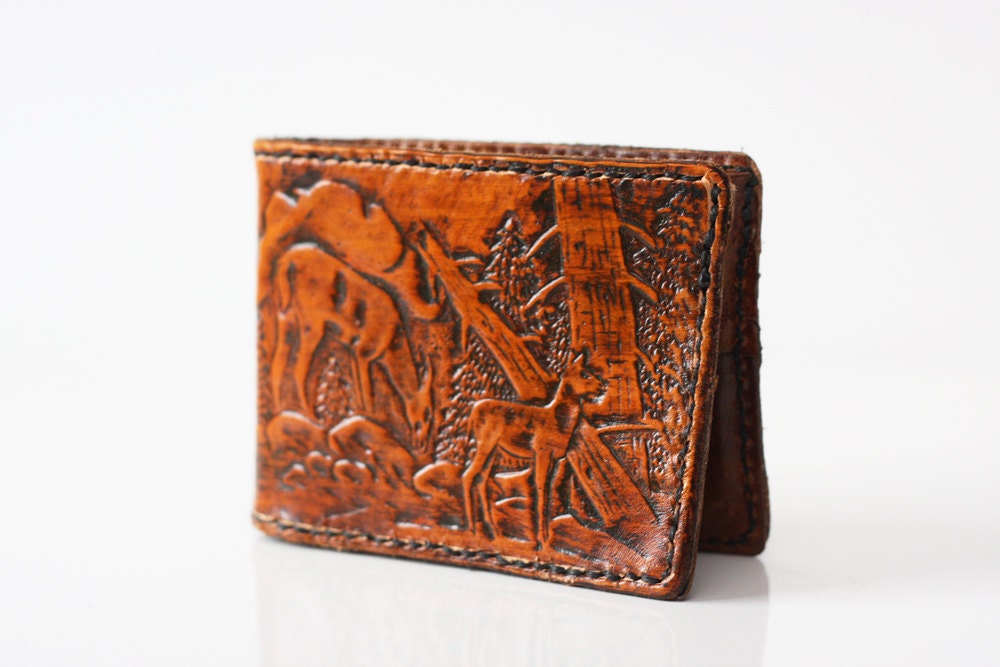 Handmade Deer Family Embossed Leather Hand Stitched Billfold Wallet