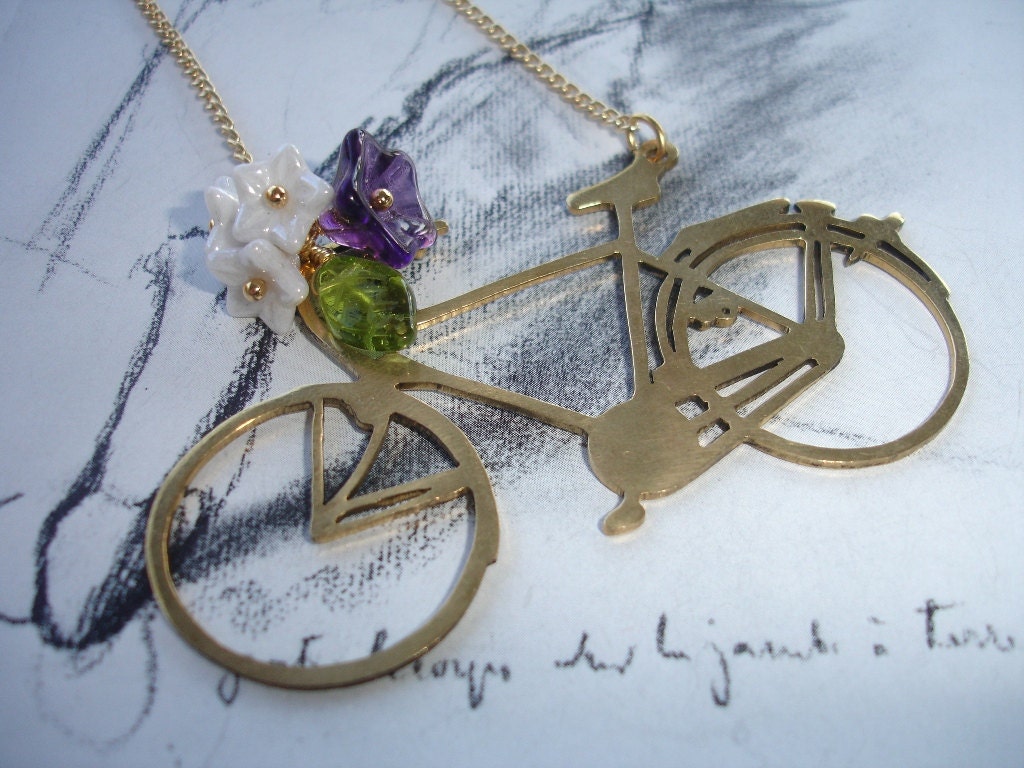 Spring Ride, Vintage Brass Bike Charm, Handcut, Bouquet of Czech Flowers, Vintage Brass Chain, Romantic, Spring Fashion, Statement Necklace