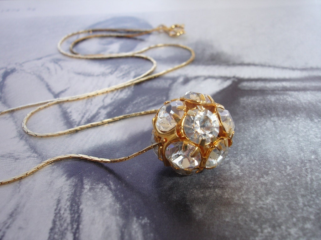 Vintage Rhinestone Ball, Vintage Gold Plated Chain, Bridal, Wedding, Bridesmaid Gift, Modern, Minimalist, Elegant