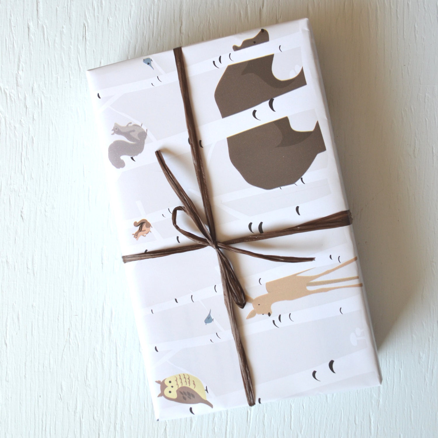 10 feet FOREST FRIENDS wrapping paper, 2 x 10 feet, gift wrap, decorative paper, birch trees, deer, bear, owl, squirrels