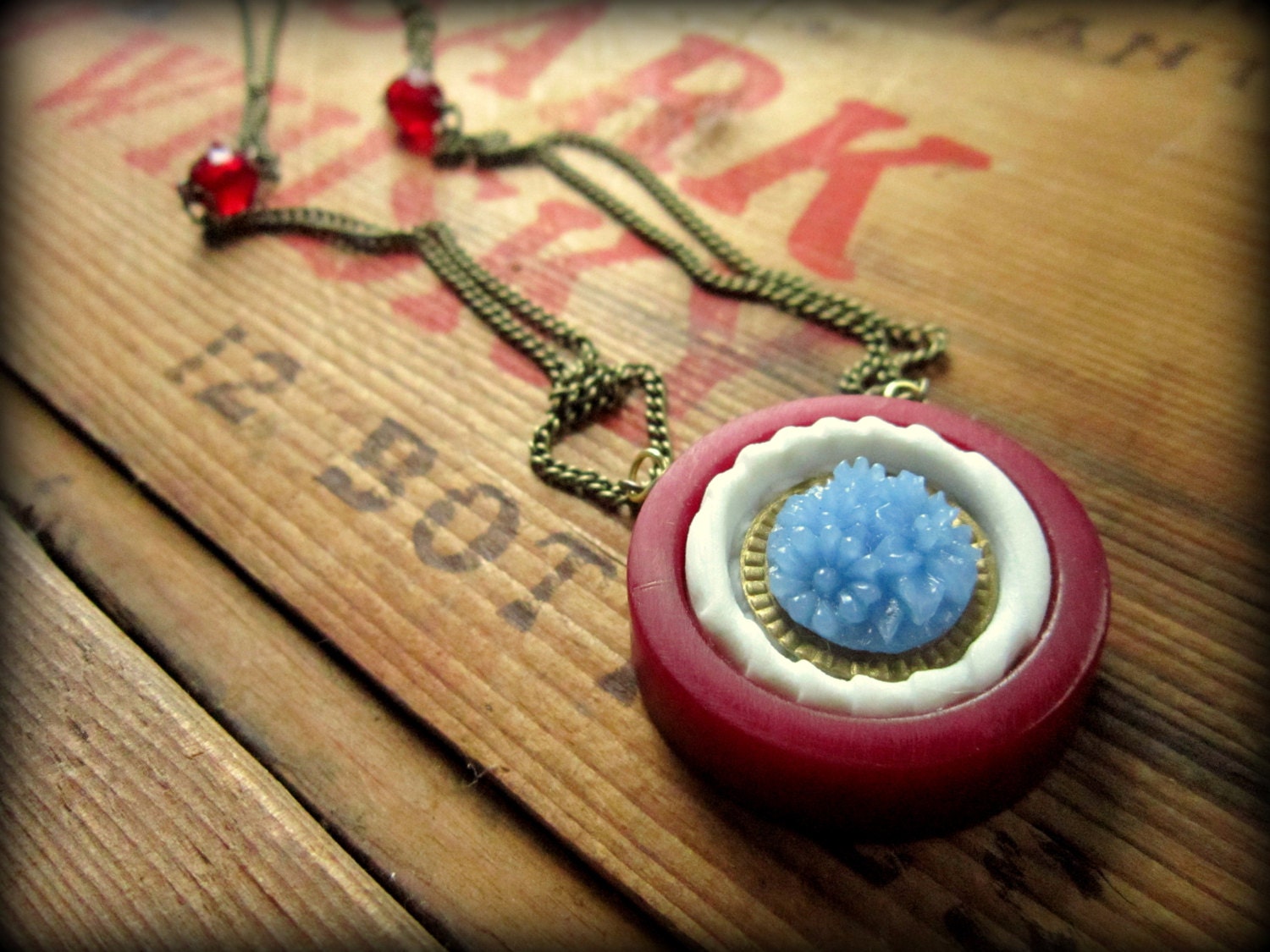 BLUEBONNET Necklace In Bloom Spring Burgundy Blue Vintage Button Flower Statement Necklace Retro One Mans Trash