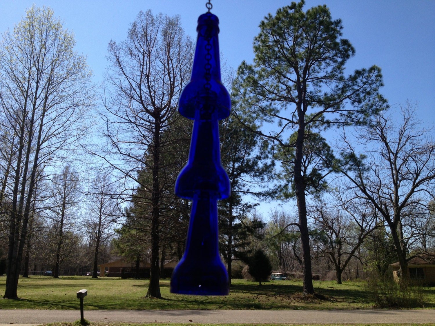 blue glass bell windchime