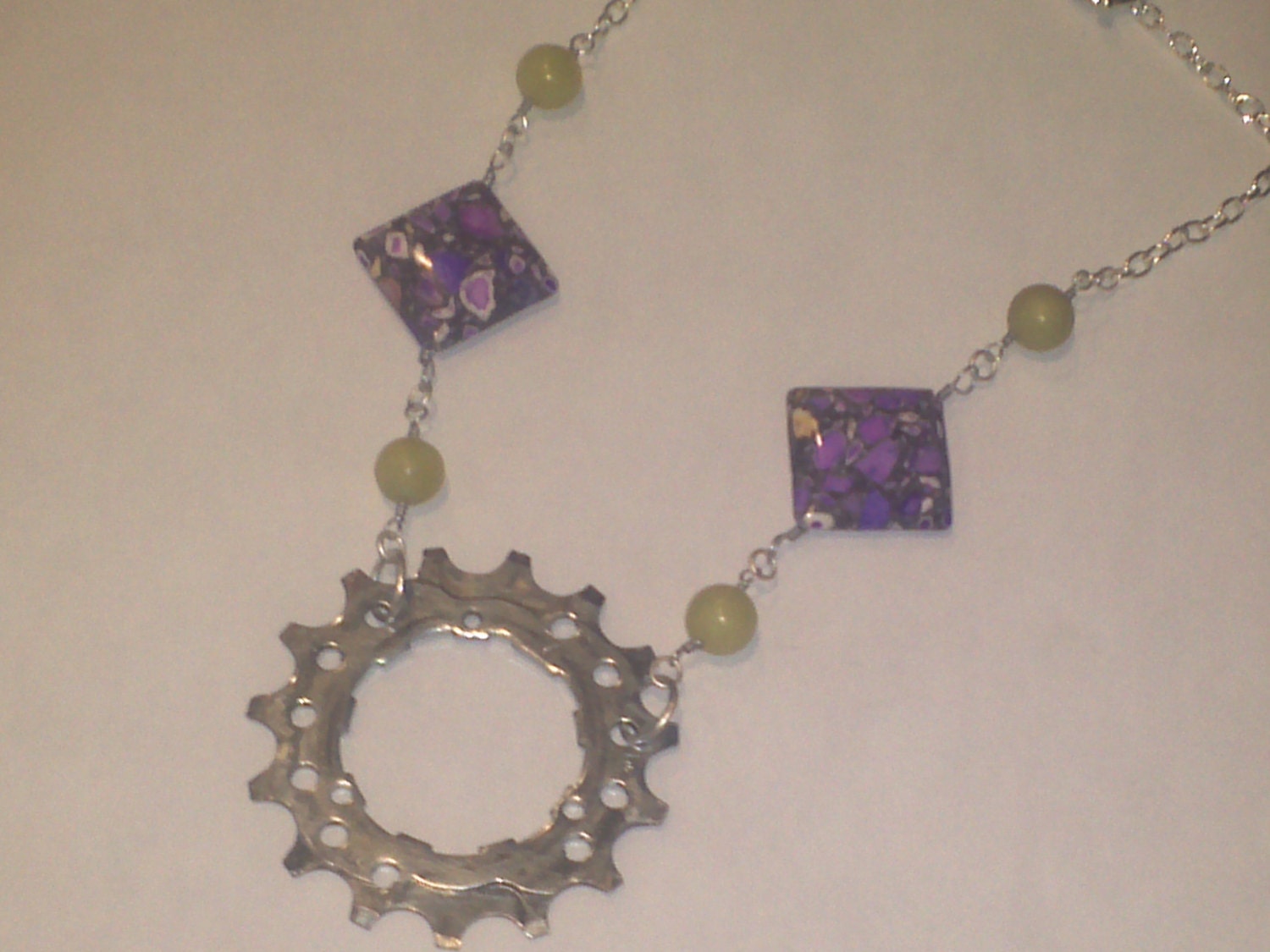 Purple Bicycle Cog Necklace, reclaimed bicycle accessory, bicycle gift, pretty steampunk,