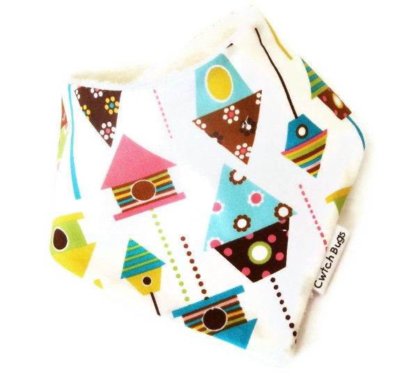 Baby Bandana Bib in SPRING BIRD BOXES with Unbleached Bamboo Terry - A Great Baby Gift Idea by Cwtch Bugs