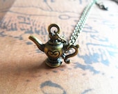 Teapot Necklace- Minimalist Miniature Small 3D Bronze Heart Tea Pot Pendant, Tea Party - Alice in Wonderland - gift, modern, casual, simple