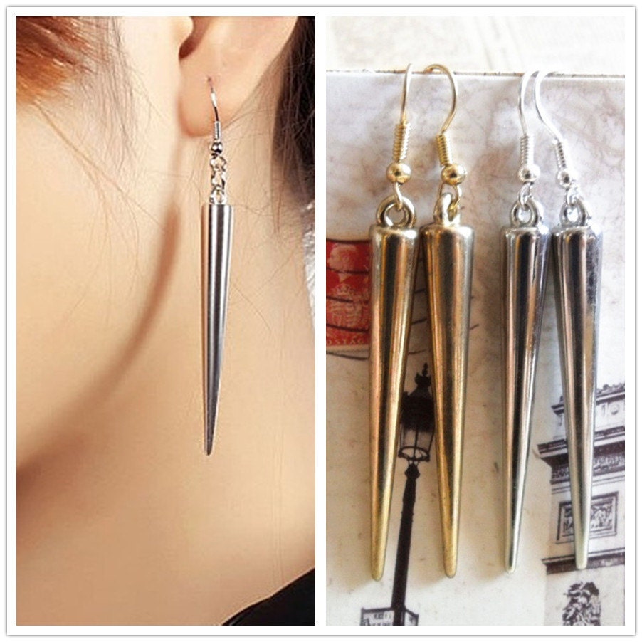 Spike Earring- BIG Golden/Silvery Spiked Rivet Hanging Stud Dangle Statement Metal Long  Steampunk Earrings PIERCING, Goth Spike Jewelry