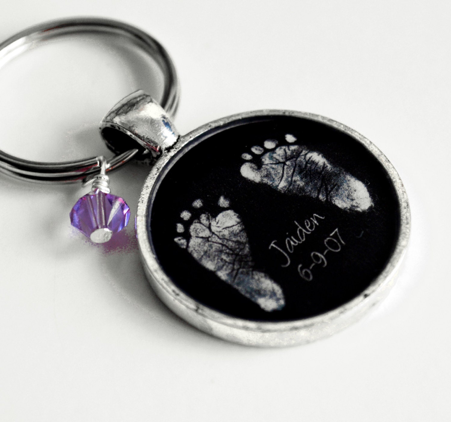 Baby's Footprints and Birthstone Keepsake Resin Pendant Keychain- Valentine's Day, Mother's Day, New Baby