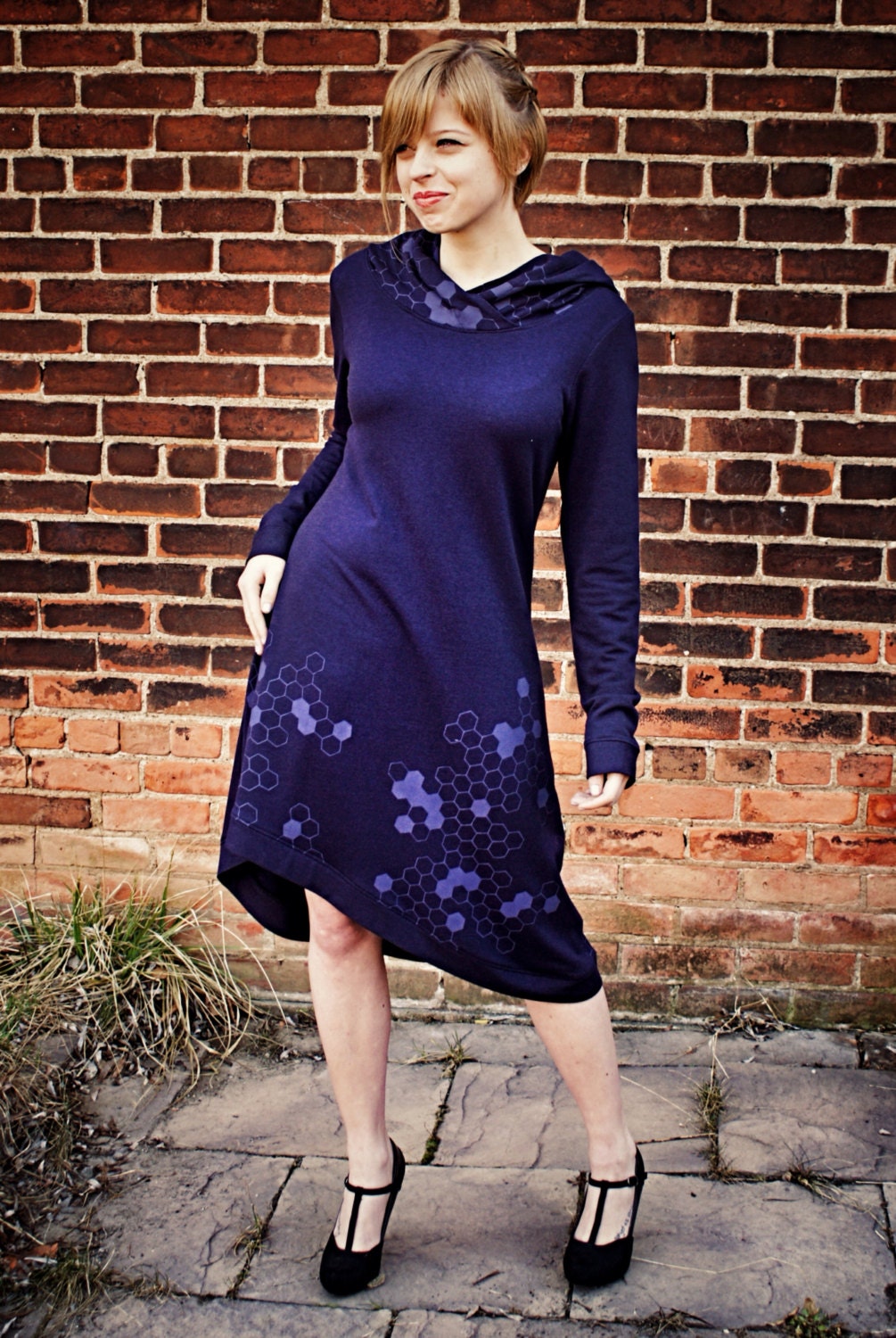 Hoodie dress- asymmetrical screen print honeycombs in bamboo terry