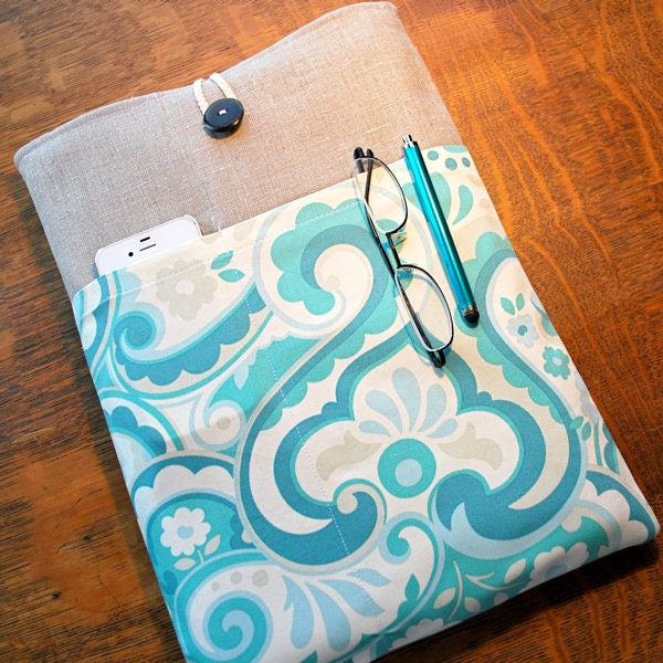 15 inch laptop Macbook Mac book Pro Cover Padded Case Sleeve - Linen with Heather Bailey Garden District Pocket
