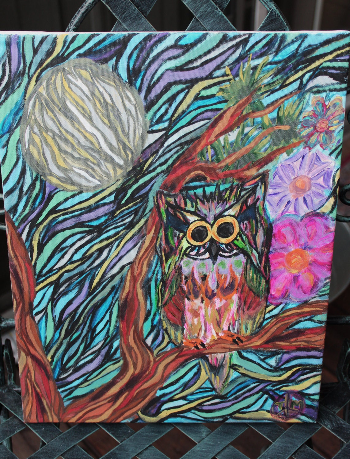 NEW ITEM: "Night Owl" - 11x14 Original Acrylic - Hippie, Trippy, Boho, Owl, Night Sky