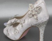Wedding Shoes -- Ivory Peeptoes with Lace Overlay, Rhinestone Details, Rhinestone Butterflies and Pink Sole