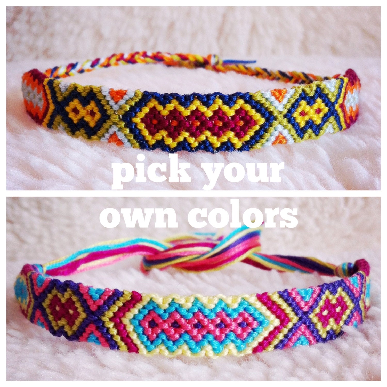 Friendship Bracelet - MADE TO ORDER: Braided Handmade Embroidery Floss Fiber Friendship Bracelet - Small Tribal Diamonds