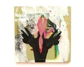 mixed media painting, wood panel --  grunge art, silhouette, punk, pink, hand art, street art, textured, graffiti