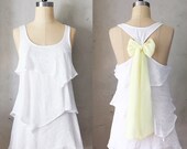 CITRUS AURA - Romantic white flowy tier blouse // pastel lemon yellow // chiffon sash bow // tunic // tank top // racerback //