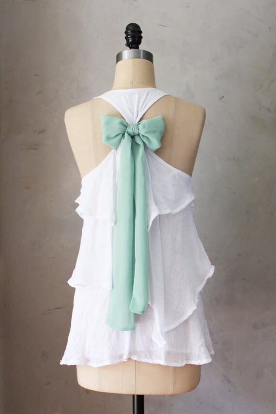 SAGE AURA - Romantic white flowy tier blouse // pastel sage green // chiffon sash bow // tunic // tank top // racerback