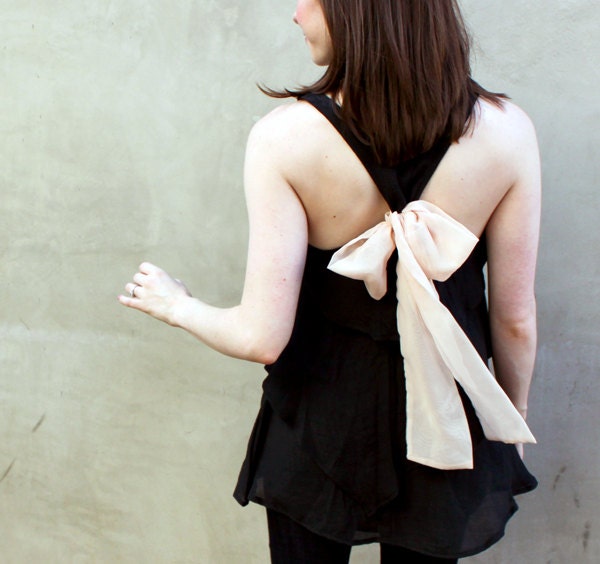 BLUSH AURA - Romantic black flowy tier blouse // nude blush creme // chiffon sash bow // tunic // tank top // racerback