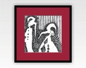 Ink drawing Fools - custom framed art print - Red matte graphic art - Black frame - Red home decor