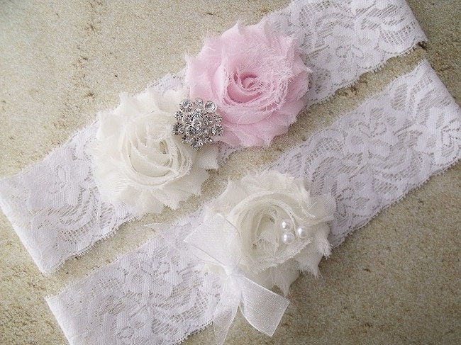 Wedding Bridal Garter Set - Floral Lace Pearls and Rhinestone - PINK - Shabby Fabric Rose Flowers - Choose your Color