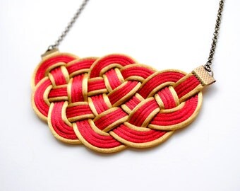 Big knot necklace, dark red and gold, nautical style, satin cord, spring, rope jewelry, gift for her, Valentine's day