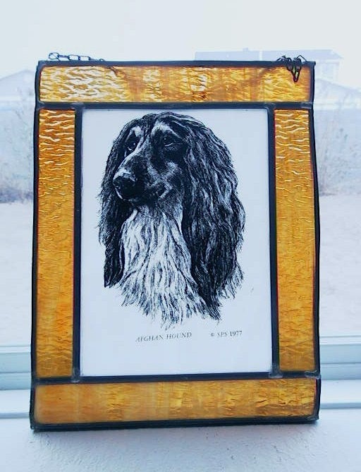 Stained Slag Glass w/ Sketched Afghan Hound Dog Suncatcher signed 1977 SPS