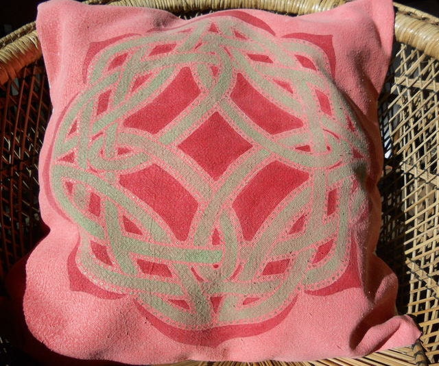 Hand painted accent pillow,celtic lotus, celtic knot in pink , red, sage and gold, throw pillow