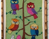 Vintage Kitsch Large 28 inch x 21 inch Bright Vivid Multi Colored Owls Needle Point Stitched Framed Wall Hanging