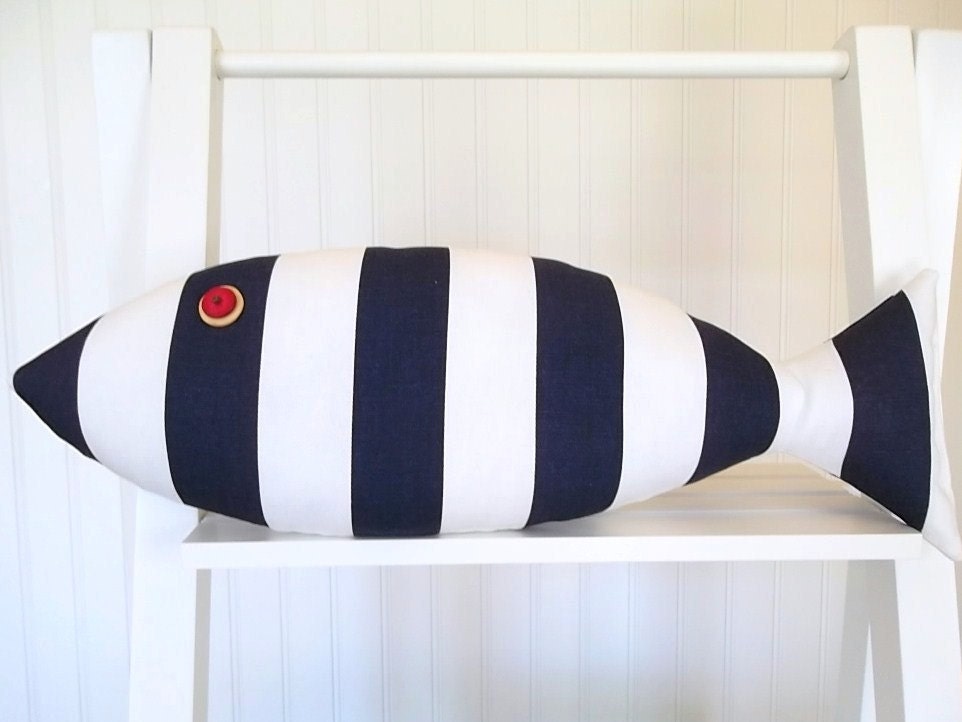 Nautical Pillow - Kids Room Decor - Navy and White - Fish Pillow - Beach Decor