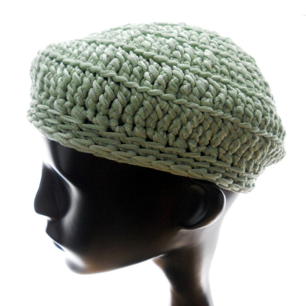 Hand crochet hat, women's crocheted beanie hat, pale sage cotton-blend beret, vegan hat, extra small to medium hat