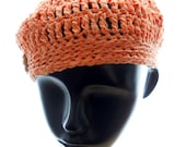 Hand crochet hat, women's crocheted beret, upcycled apricot ribbon yarn beret, eco fashion, spring fashion, summer fashion